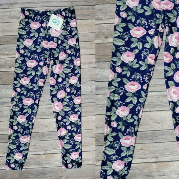 OS Infinity Raine Navy Blue Floral Leggings 700 - Picture 1 of 3